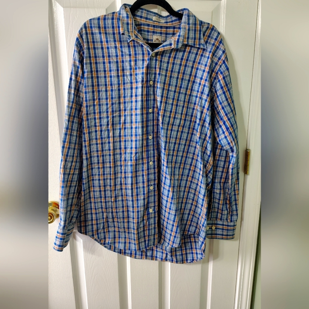 Peter Miller Men's Classic Fit Button Down Blue Plaid 100% COTTON Shirt LARGE